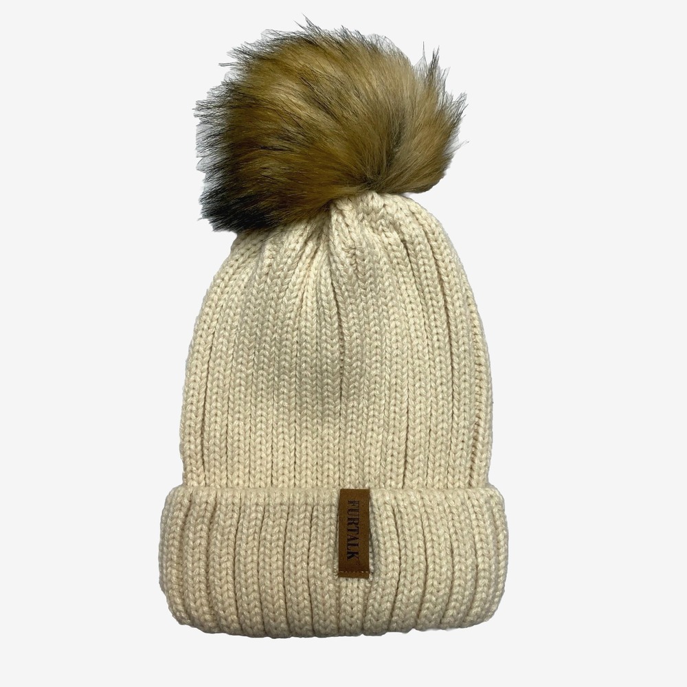 Furtalk Beanie Hat Tan Chunky Winter Cable Faux Fur Knit Pom
